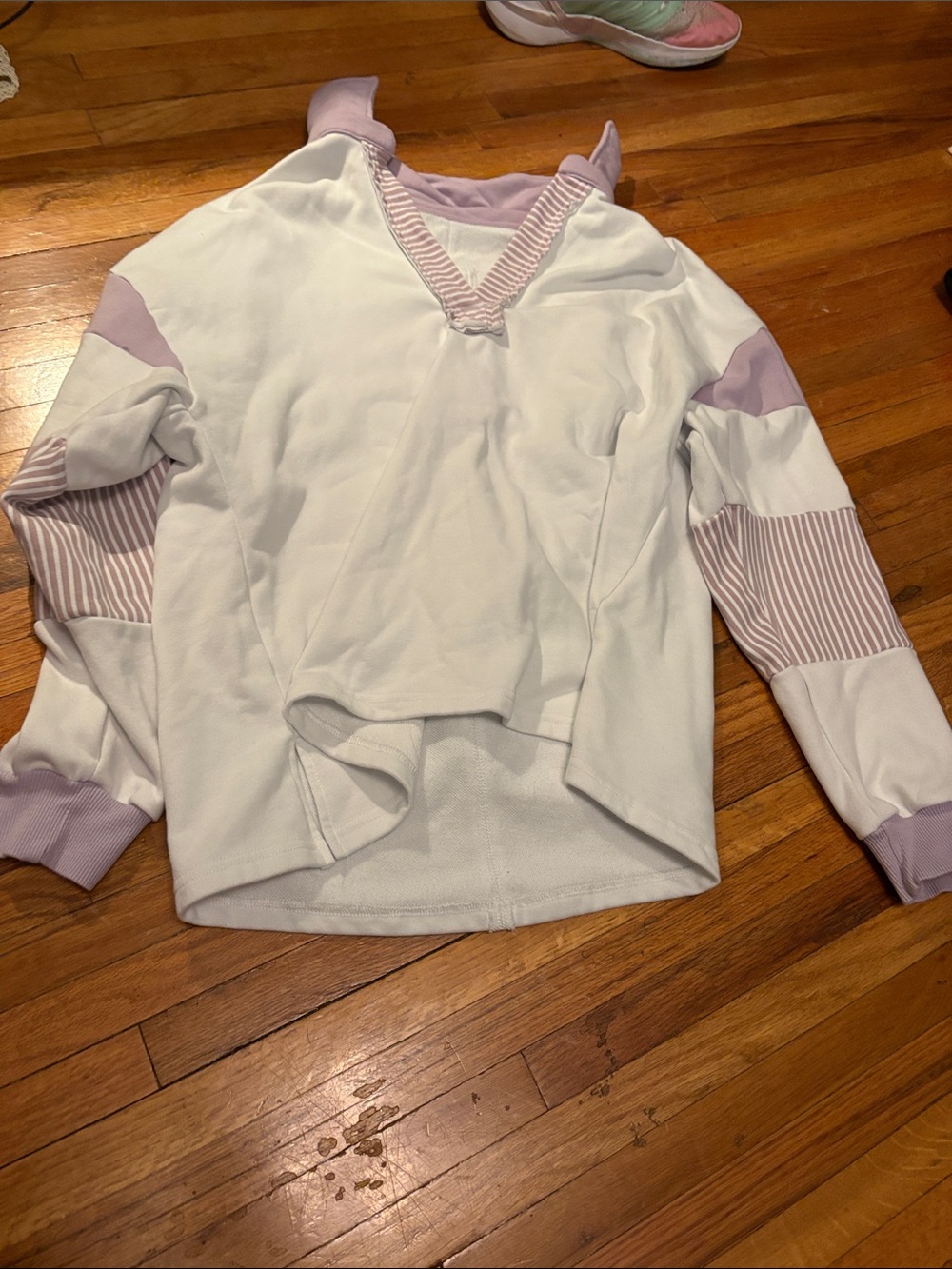 Purple and white collared sweatshirt